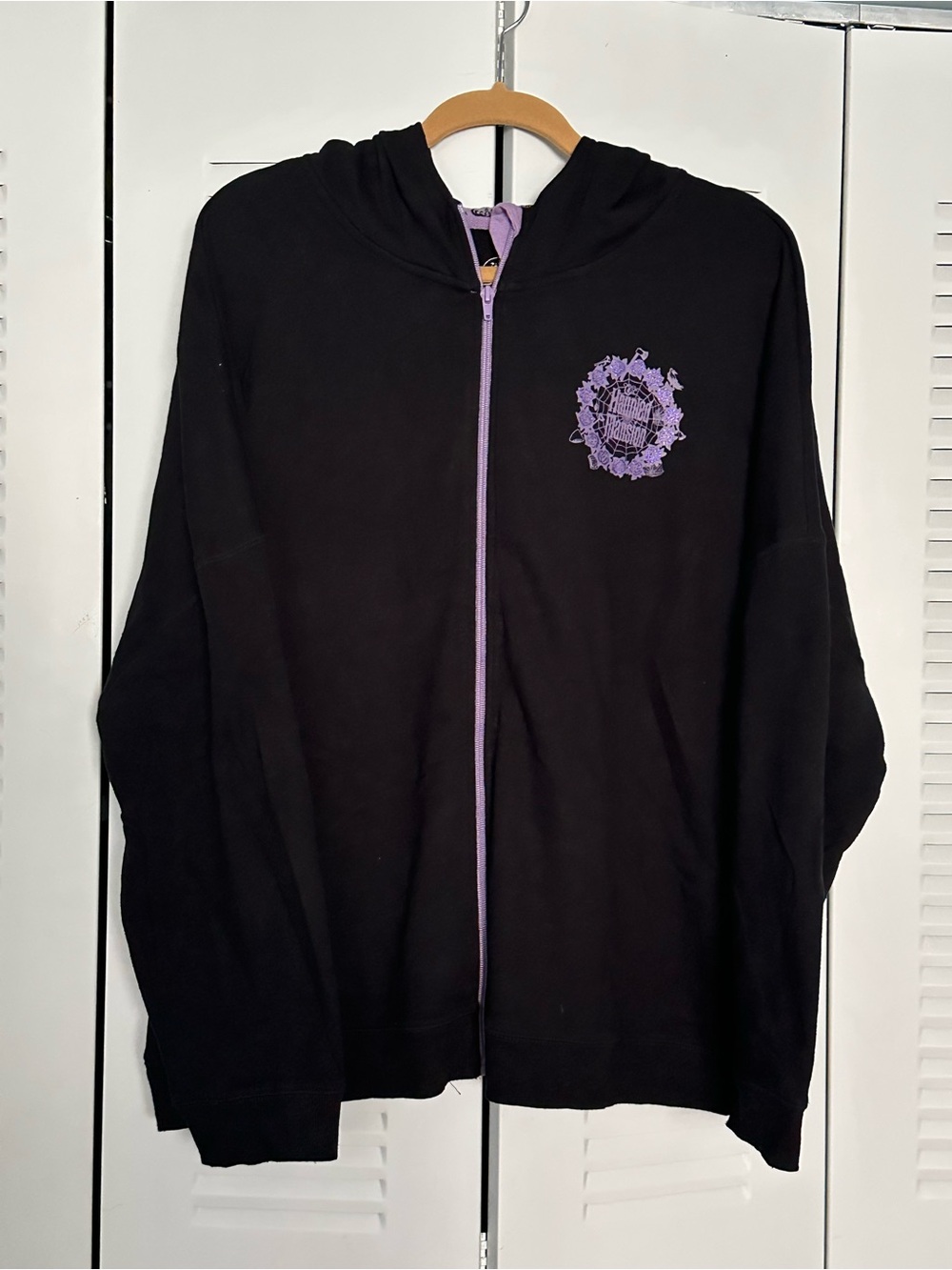 Disney Haunted Mansion Black Zip Hoodie with Lavender Trim and Emblem